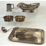 A pair of silver plated bottle coasters, a plated ladle, a plated basket tray and a mug (6).