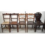 A carved Victorian shield back hall chair (af) and two pairs of bedroom chairs to include two