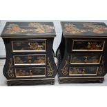 A pair of black lacquer Oriental side cabinets with three drawers,