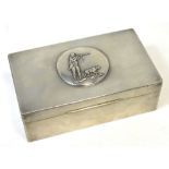 A James Dixon & Sons Cornish pewter wooden lined cigarette box decorated with a hunting scene to