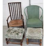 A 19th century rush seated chair with stick back on turned legs and stretcher,