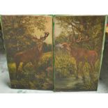 UNATTRIBUTED; a pair of Victorian oils on canvas of deer in Highland setting, 61cm.