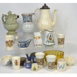 A quantity of largely 18th and 19th century ceramics to include a puzzle jug with motto,