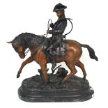 A large 20th century lost wax bronze study of a soldier mounted on a horse, signed Barye,