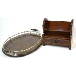 An early 20th century oak oval tray with gallery rim and a mahogany inlaid letter rack with small