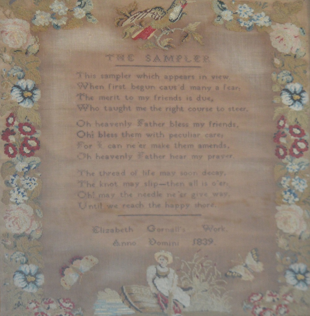 A 19th century tapestry sampler by Elizabeth Gornell, 1839, a border of flowers,