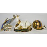 Three Royal Crown Derby paperweights, 'The Striped Dolphin',