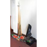 A quantity of snooker related accessories including two sets of balls, a triangle,