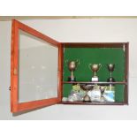 A wall mounted pine display cabinet containing five silver plated snooker trophies including The