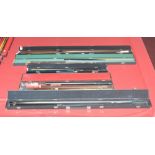 Five two-piece snooker cues including a Jimmy White Poolmaster, two Riley examples, etc,