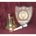 A cast brass bell inscribed "Presented by Northwich RNA to Macclesfield RNA 1976",