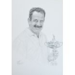 KEITH FEARON; pencil drawing, study of Sam Torrance holding the Ryder Cup, signed, 43 x 33cm,