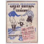 Football: Programme plus ticket for Great Britain against Europe 1947 (2).