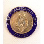 A 1963 Open Golf Championship Player competitor badge, with blue enamel and R&A crest.