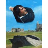 KEITH FEARON; oil, "Seve Ballesteros, St. Andrews", depicting Seve and the Old Course, St.