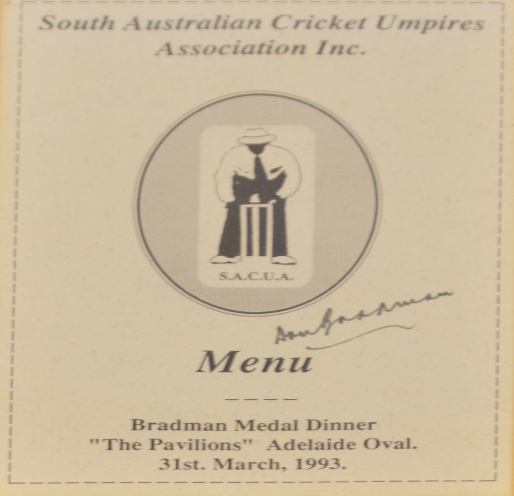 A South Australian Cricket Umpire's Association Incorporated menu for Bradman Medal Dinner in "The - Image 2 of 5