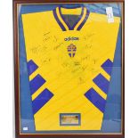 A Sweden football shirt, multi-signed by the Swedish players,