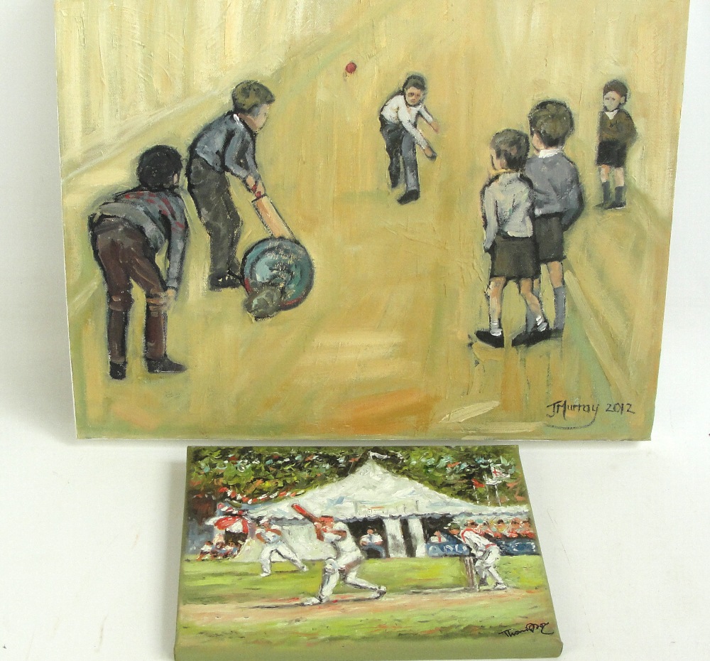 J. MURRAY; oil on canvas, children playing cricket, signed and dated 2012, 36 x 45.