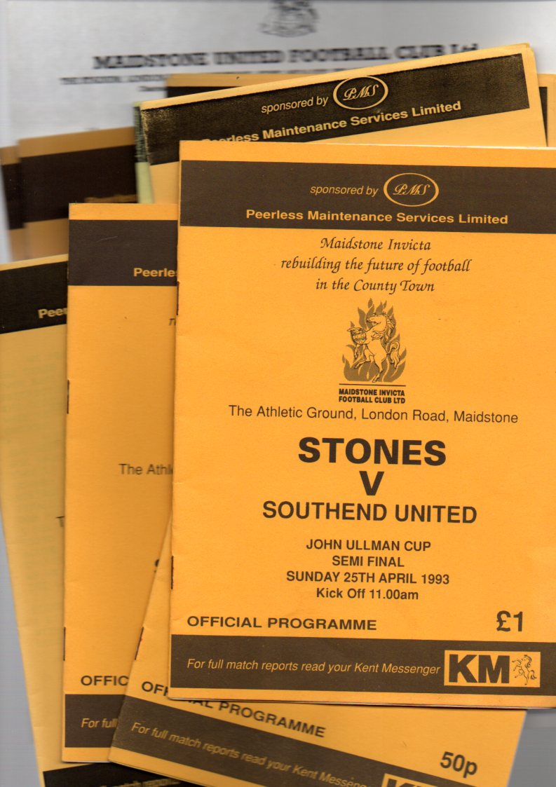 Maidstone Football Programmes: Home football programmes 1991 to 1993 reserves youth first team,