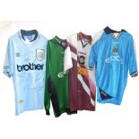 Four signed Manchester City shirts, signatures include George Weah, Nicky Weaver, Georgi Kinkladze,