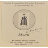 A South Australian Cricket Umpire's Association Incorporated menu for Bradman Medal Dinner in "The