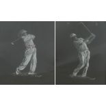 S. GUYATT; a pair of chalk drawings, golfers at full swing, both signed, 36 x 24cm.