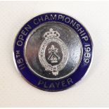 A 1989 Open Golf Championship Player competitor badge, with blue enamel and R&A crest.