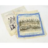 Six 1930s printed handkerchiefs; the Australia 1930 cricket team featuring Don Bradman,