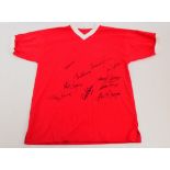 A plain Manchester United FC football shirt, signed by Harry Gregg, Bobby Charlton, Pat Crerand,