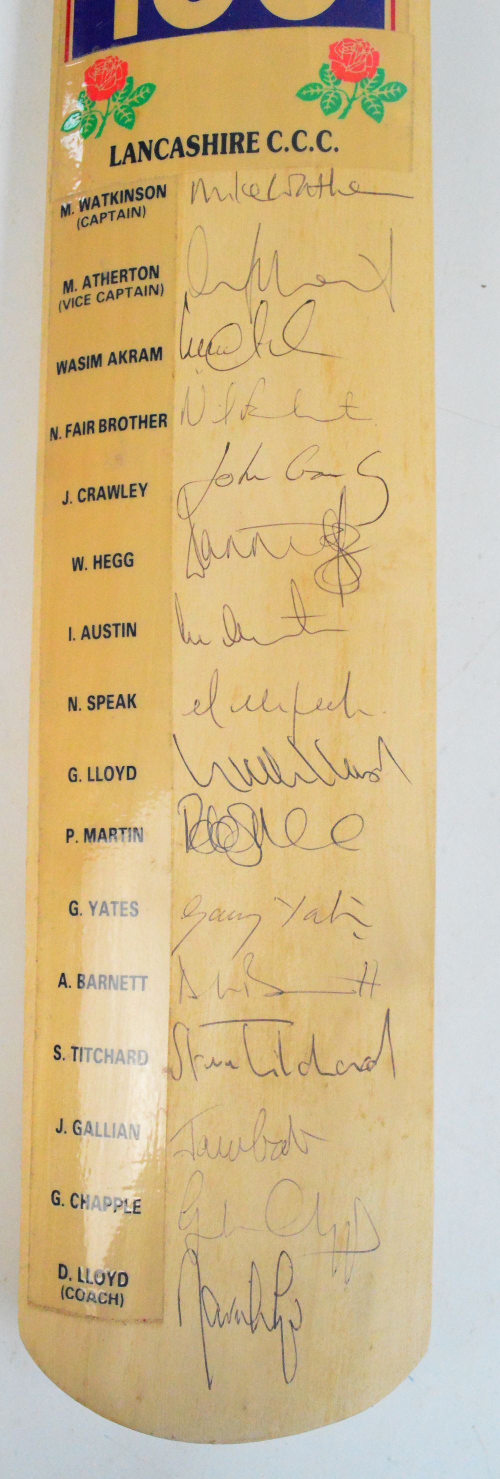 A Slazenger V100 cricket bat signed by the Lancashire CCC team, signatures include Michael Atherton, - Image 2 of 3