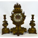 A 19th century French gilt metal three piece clock garniture,