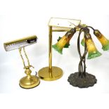 Three table lamps to include an Art Nouveau style four branch table lamp with coloured glass shades,