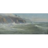 WALTER SHAW (1851-1933); an oil on canvas of a stormy sea with rocks and seagulls in the background,