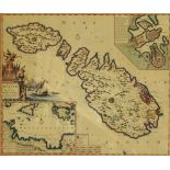 A print of a map of Malta, Gozo, and Comino showing also their situation in the Mediterranean,