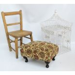 A vintage wire white painted square section birdcage, height 59cm, a child's chair,