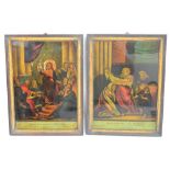 Seven Georgian coloured reverse prints on glass depicting various religious scenes,