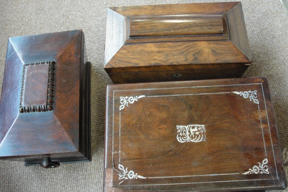 An early Victorian rosewood sarcophagus tea caddy, 32 x 17cm, a similar mahogany example, - Image 2 of 2