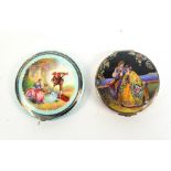 Two early 20th century silver and enamel circular patch boxes,