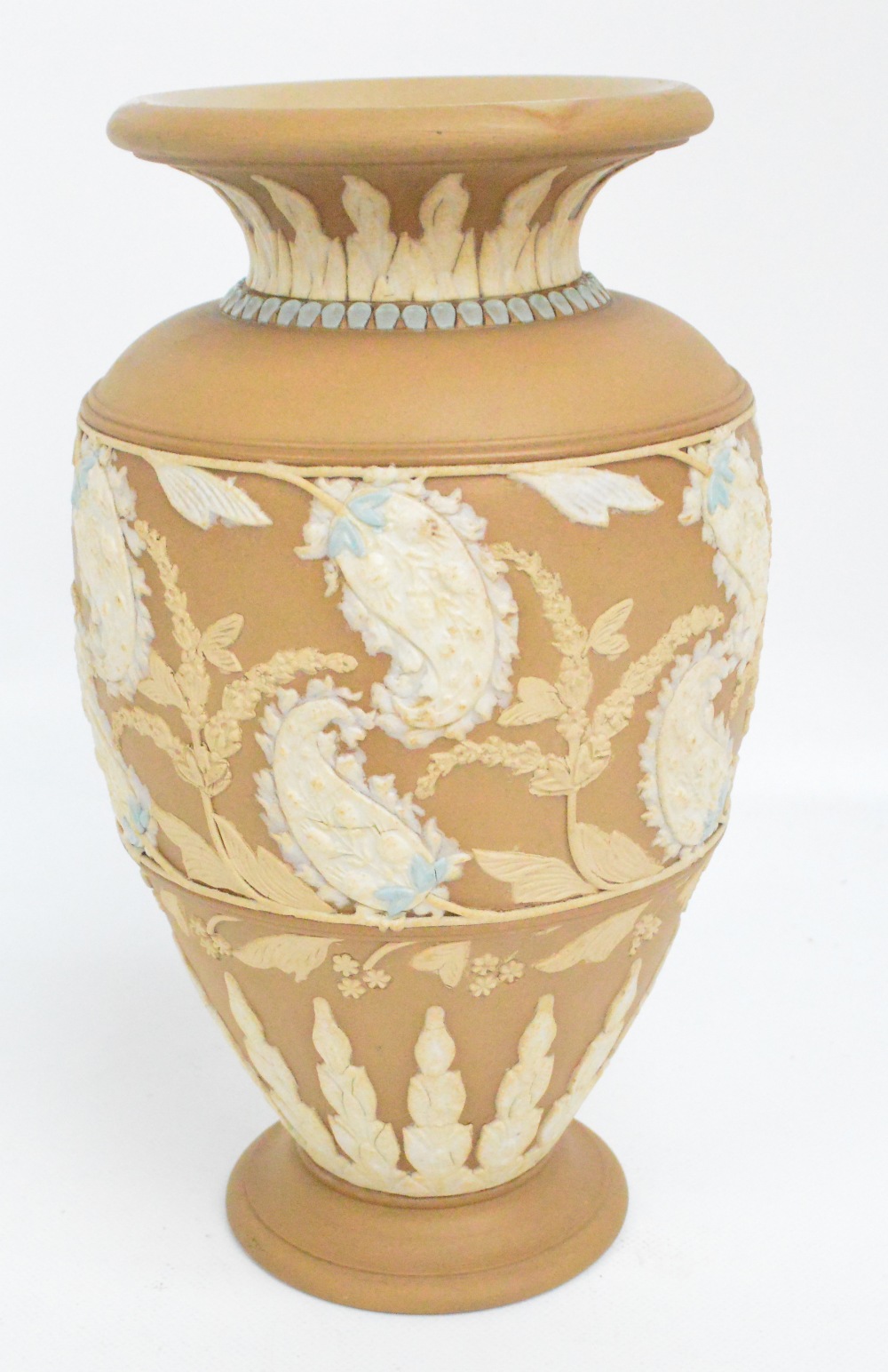 A Doulton Lambeth Silicon brown glazed relief moulded baluster vase decorated with paisley style - Image 3 of 5