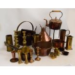 A large collection of metalware including two pairs of brass candlesticks,