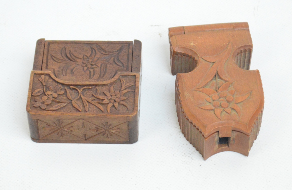 An early 20th century carved wooden floral decorated folding watch stand, 7 x 7cm,