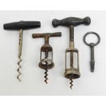 A small collection of corkscrews including two with wooden handles and one with a ball bearing