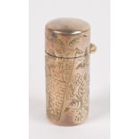 A cased Victorian hallmarked silver scent bottle of cylindrical form,