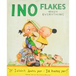 A 1930s "Ino Flakes" advertising poster depicting a mother carrying a crying child,