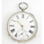 A late 19th century hallmarked silver cased open face key wind pocket watch,