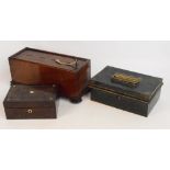 An Edwardian red mahogany offertory box of plain rectangular form, raised on four turned bun feet,