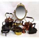 Two Victorian copper kettles, three small pans, a coffee grinder, a brass mirror, a trivet, etc.