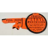 A Pratts cast alloy ethyl guaranteed petrol pump finger brand plate, repainted in black and orange,