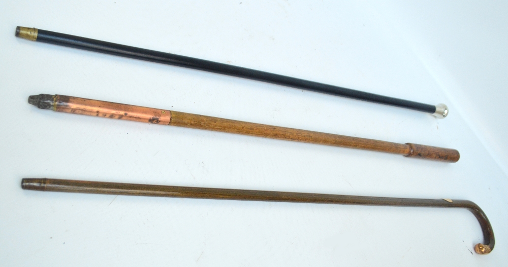 A group of six various walking sticks including a white metal handled ebonised and bamboo examples