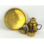 A Bauhaus style brassed metal four piece tea set comprising a teapot, a twin handled sugar bowl,